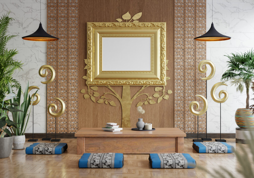 Elegant living room design with a photo frame, wall art installation, and decorative plant displays.
