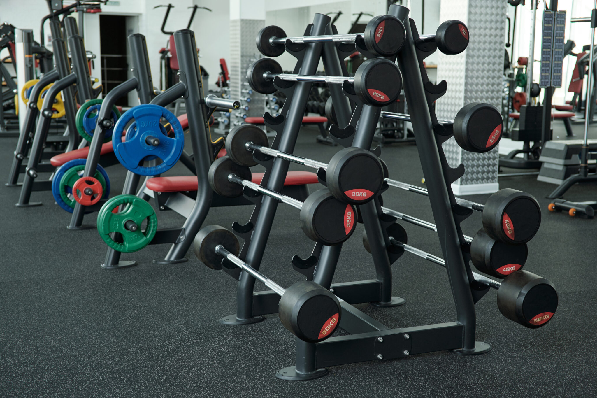 Modern gym with weight benches, barbells, and dumbbells organized for professional fitness equipment installation.